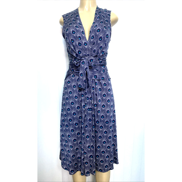 Tory Burch Dress Theona Peacock V Neck Sleeveless Blue Purple Silk Jersey Midi L - Picture 6 of 10